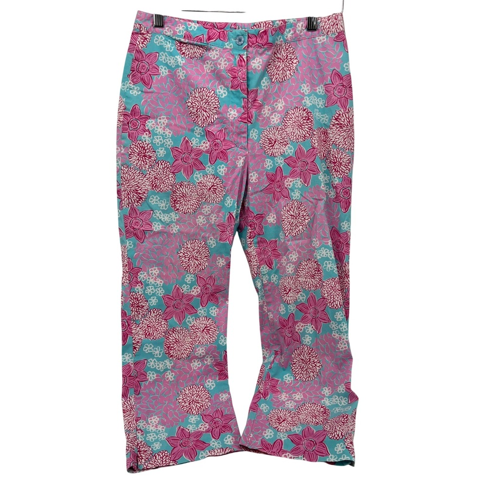 Lilly Pulitzer‎ Vintage Pink Turquoise Floral Crop Capri Pants sz 8  Cotton